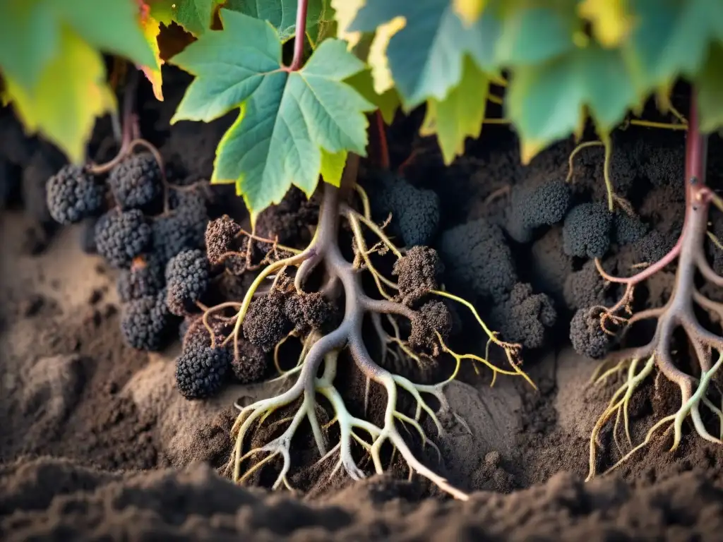 Raíces de vid en viñedo francés: conexión terroir Raíces de vid entrelazadas en suelo diverso de viñedo francés, mostrando influencia del suelo en vino