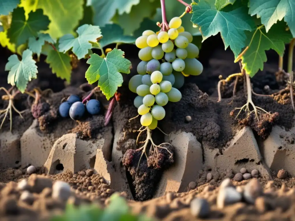 Raíces de vid en el terroir francés: el secreto de los sabores del vino Raíces de vid entrelazadas con suelos franceses, ilustrando la influencia del suelo en vino