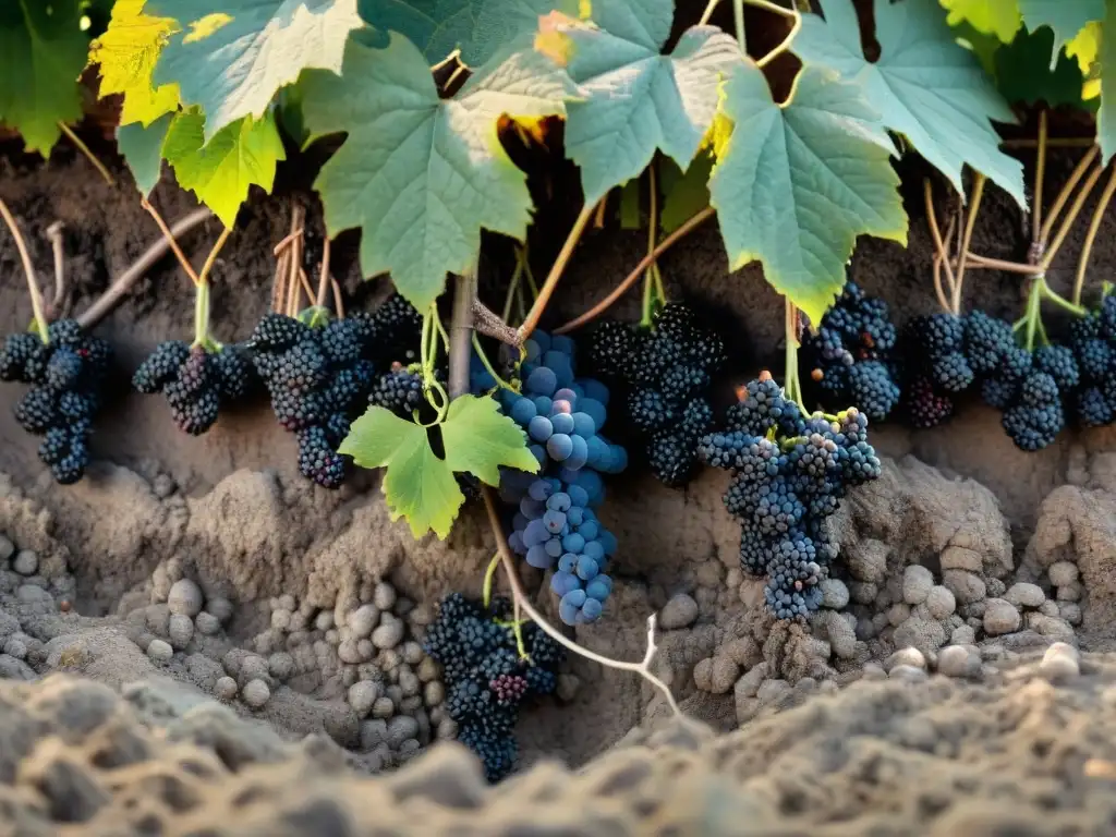 Raíces de viñedos franceses entrelazadas en suelo único, aportando a la estructura y taninos de vinos tintos franceses