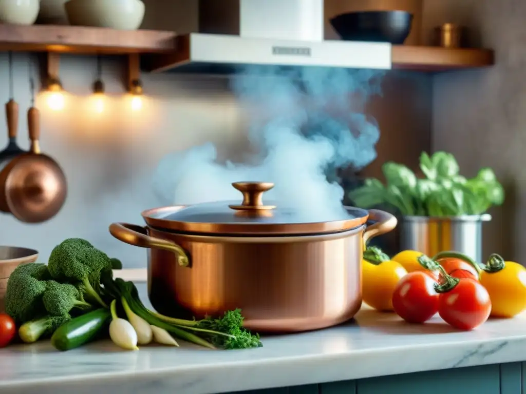 Preparar ratatouille receta tradicional francesa en una cocina rústica, con olla de cobre y verduras coloridas