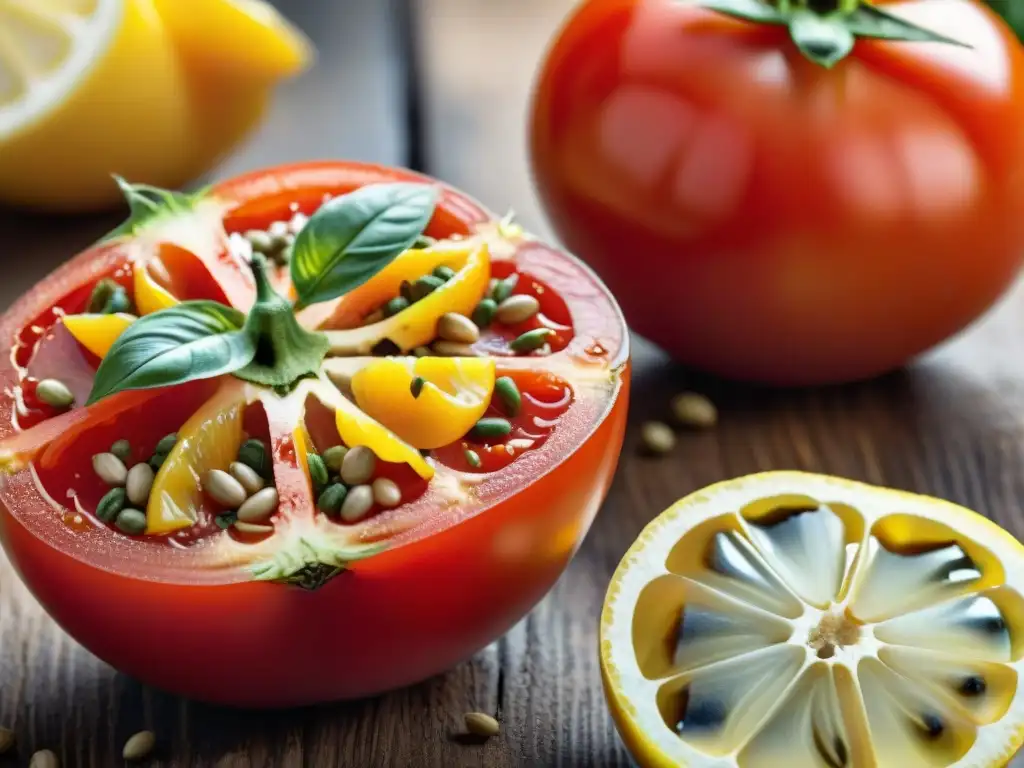 Una rebanada de tomate rojo vibrante y jugoso junto a un gajo de limón amarillo brillante sobre una tabla de cortar rústica