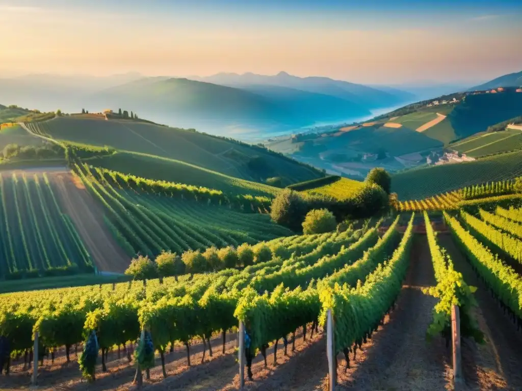 Viñedos rebosantes de uvas coloridas en las montañas de Savoia al atardecer