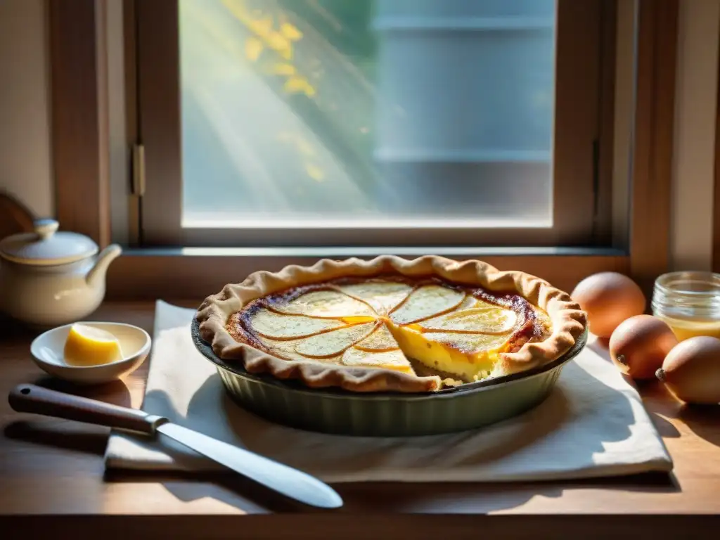 Receta auténtica Quiche Lorraine en cocina francesa rústica con utensilios de cocina variados en encimera de mármol iluminada por el sol