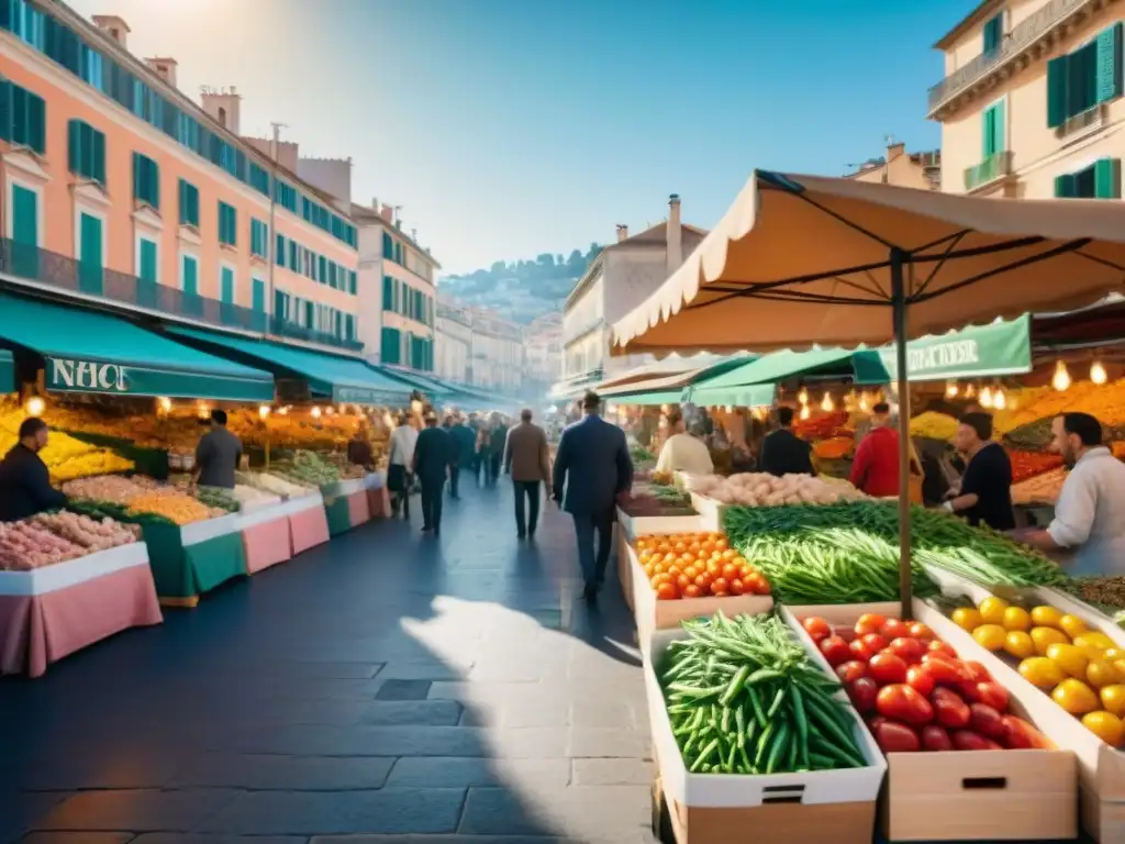 Receta auténtica Salade Niçoise: Mercado lleno de color en Niza, Francia, con ingredientes frescos y vibrante atmósfera