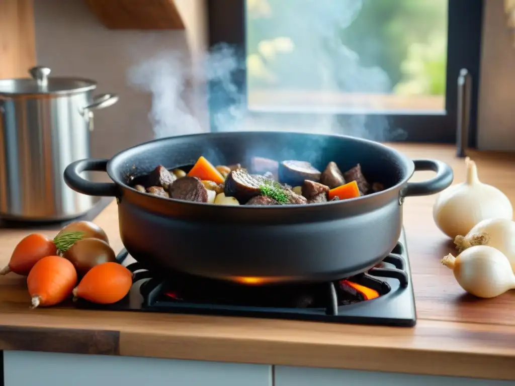 Receta Bœuf Bourguignon tradicional Francia: Cocina francesa con olla de hierro en estufa rústica, ingredientes frescos y luz natural