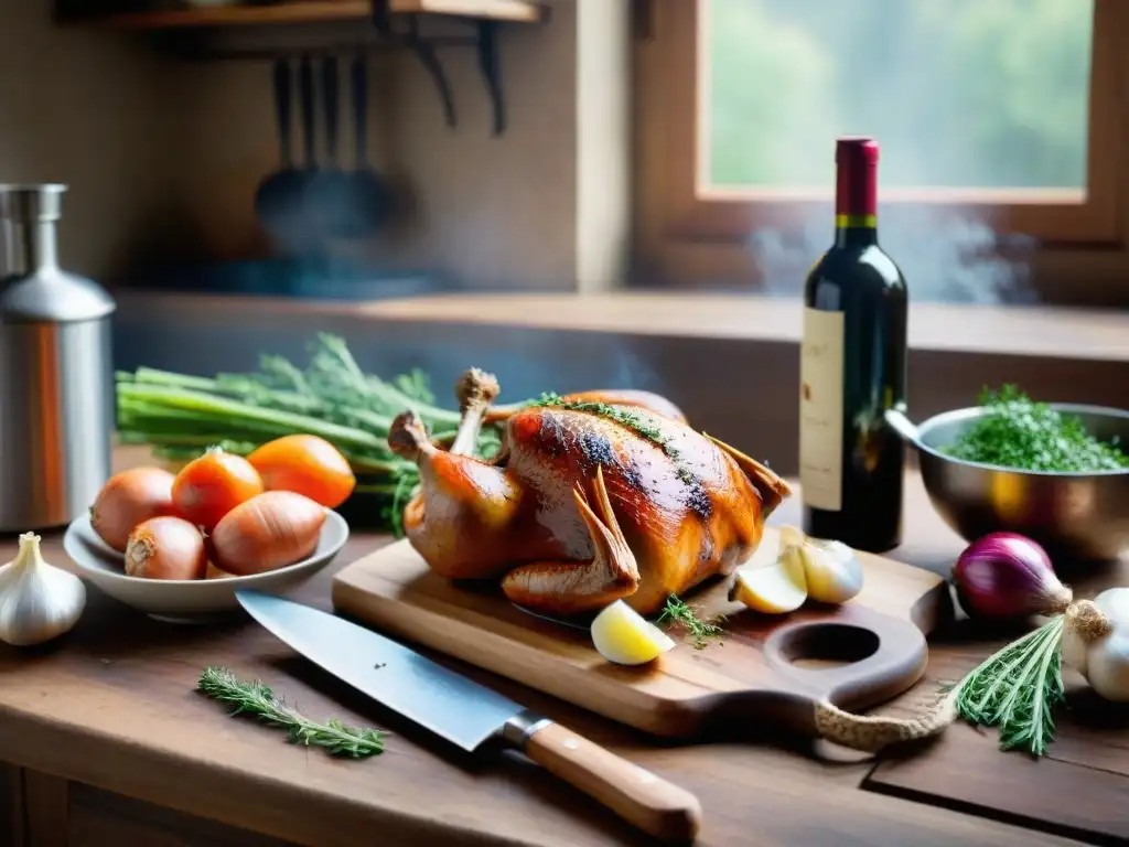 Preparando una receta Coq au Vin tradicional en una cocina rústica francesa