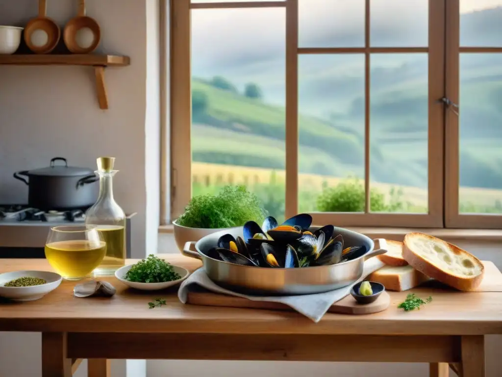 Encantadora cocina francesa con Moules Marinières Receta mejillones estilo francés: Cocina rústica con Moules Marinières humeantes, baguettes y vino blanco