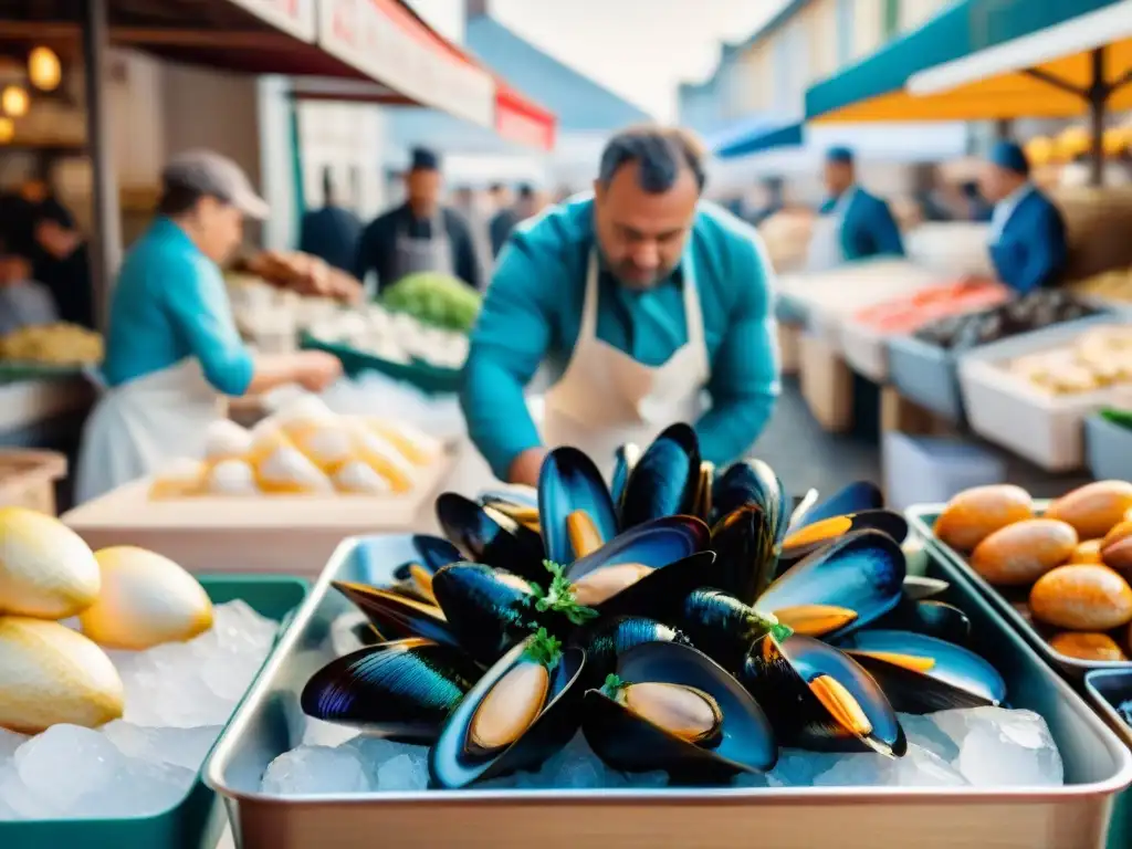 Mercado francés de mariscos: frescura y tradición Receta mejillones estilo francés en mercado de mariscos bullicioso, con vendedores, clientes y chefs