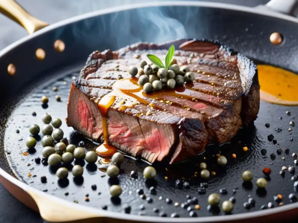 Receta Steak au Poivre francés: Filete sellándose en sartén de cobre con costra de pimienta y vapor tentador