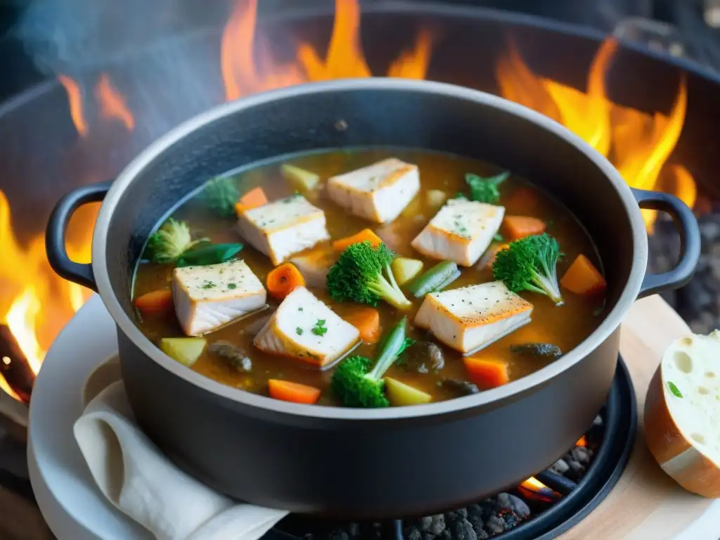 Una receta tradicional de estofado de pescado alsaciano cocinándose en una hoguera crepitante, creando una atmósfera acogedora y rústica