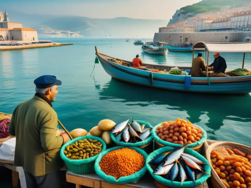 Receta tradicional Bouillabaisse Marsella: Pescadores descargando pescado fresco en animado mercado de pescado en Marsella