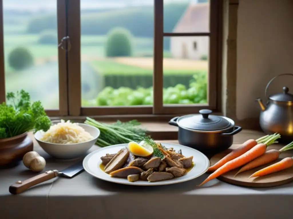 Receta tradicional tripes normandas en una cocina normanda rústica con una olla humeante y ingredientes frescos