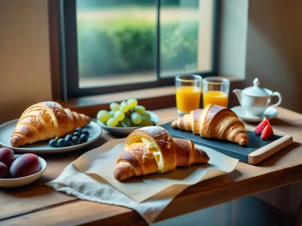 Recetas de desayunos franceses saludables: mesa con croissants, quesos, frutas y café, bañada por luz matutina