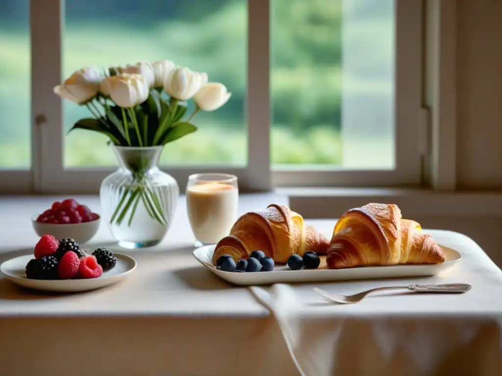 Recetas desayunos franceses saludables: mesa elegante con croissant, bayas, café y flores frescas, bañada por luz matutina