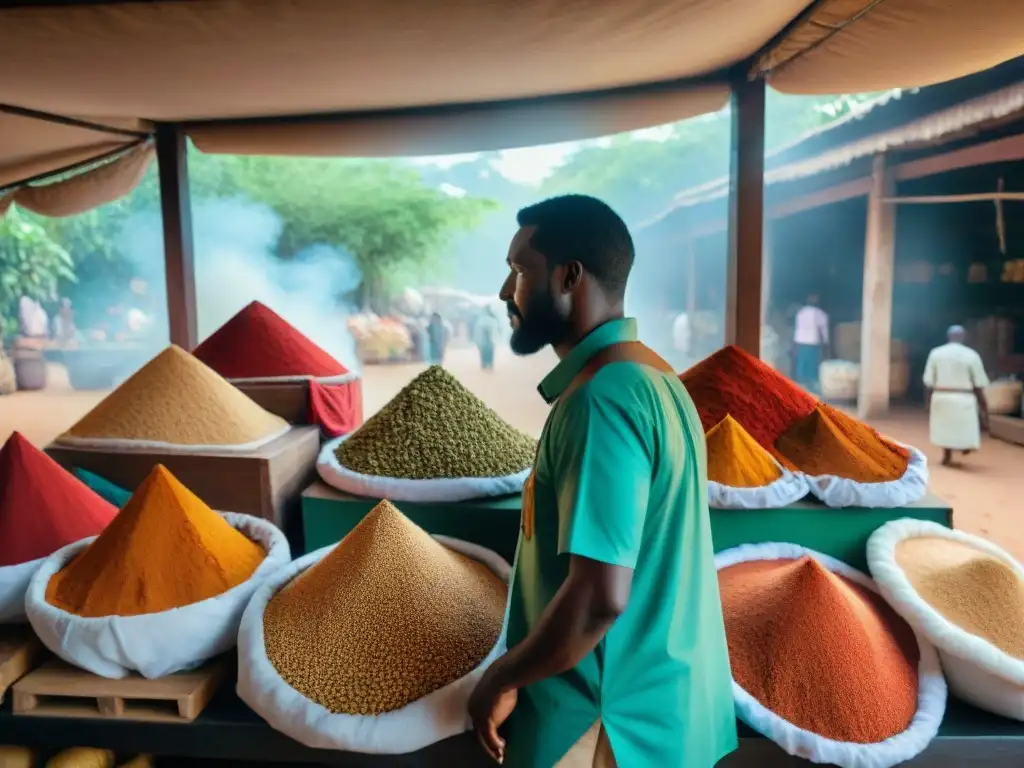 Recetas con especias de Mayotte: Un bullicioso mercado de especias con colores vibrantes y una atmósfera cultural única