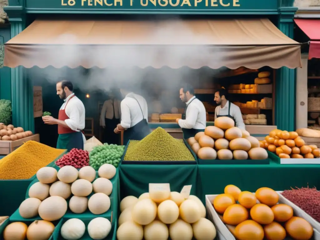 Recetas francesas olvidadas en un bullicioso mercado del Renacimiento, capturando la esencia de la gastronomía francesa tradicional