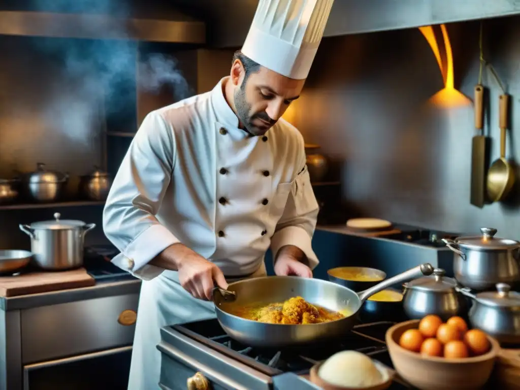 Revivir recetas históricas francesas con un chef francés experto preparando un plato tradicional en una cocina encantadora y rústica