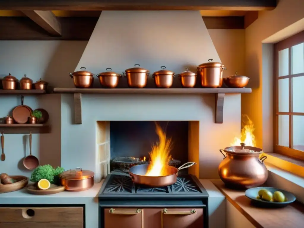 Revivir recetas históricas francesas en una cocina renacentista con ollas de cobre y un chef preparando con precisión