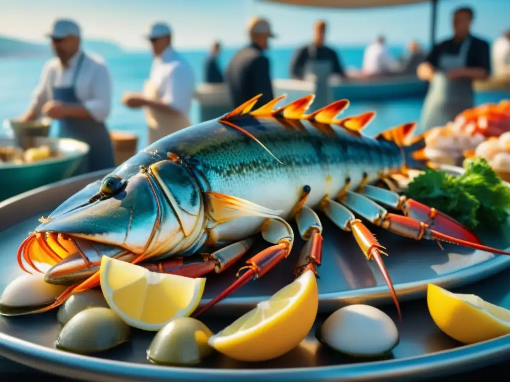 Recetas mariscos franceses saludables: Un mercado de pescado bullicioso en Marsella con mariscos frescos y coloridos