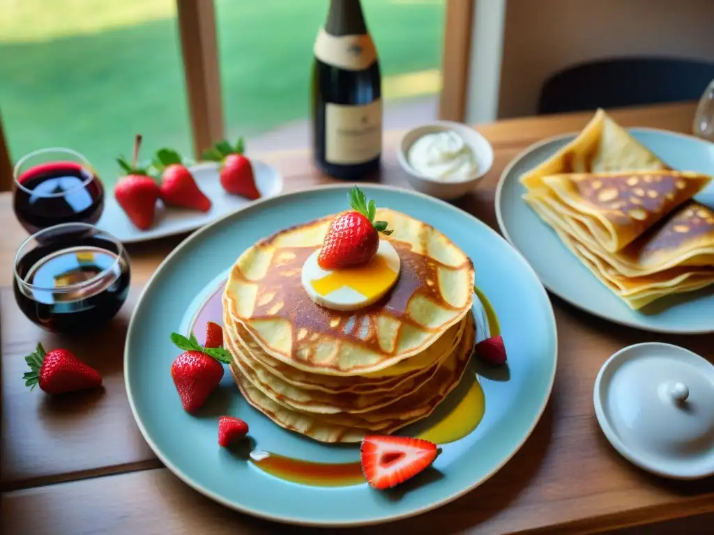 Recetas tradicionales de crêpes bretonas: mesa rústica con crêpes y galettes, vinos y cidras, bañados en luz natural