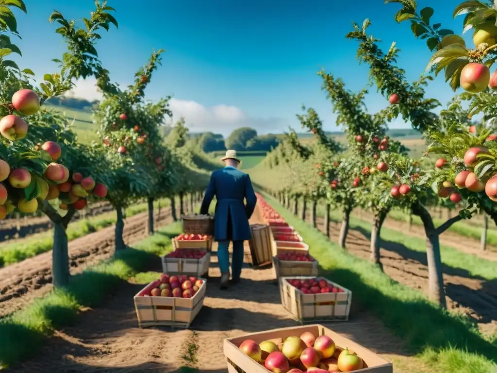 La recolección de manzanas en un tradicional huerto de Normandía, donde los agricultores locales recogen las frutas a mano