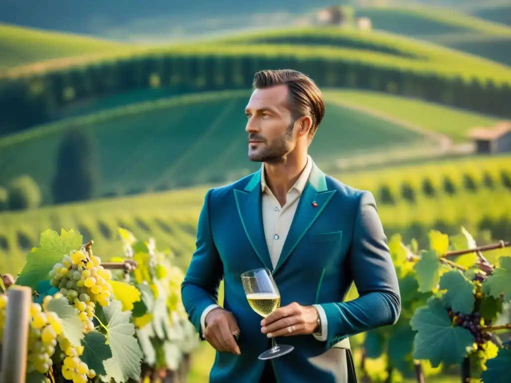 Un recolector de viñedos en la región de Champagne, Francia, inspecciona uvas en un día soleado, rodeado de viñedos verdes y colinas