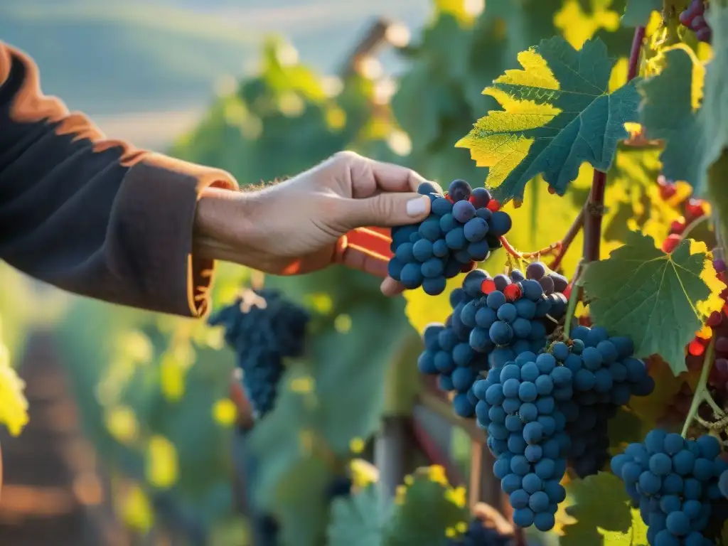 Recolección artesanal de uvas Pinot Noir en Borgoña Recolectores seleccionando las mejores uvas Pinot Noir en Borgoña, Francia, bañados por la cálida luz del amanecer