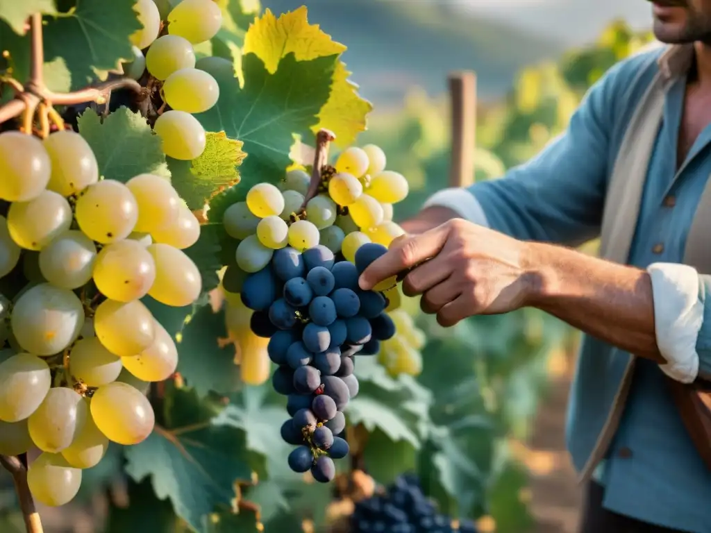 Recolectores de uvas en viñedo francés al atardecer, destacando la identidad del vino francés ante la globalización