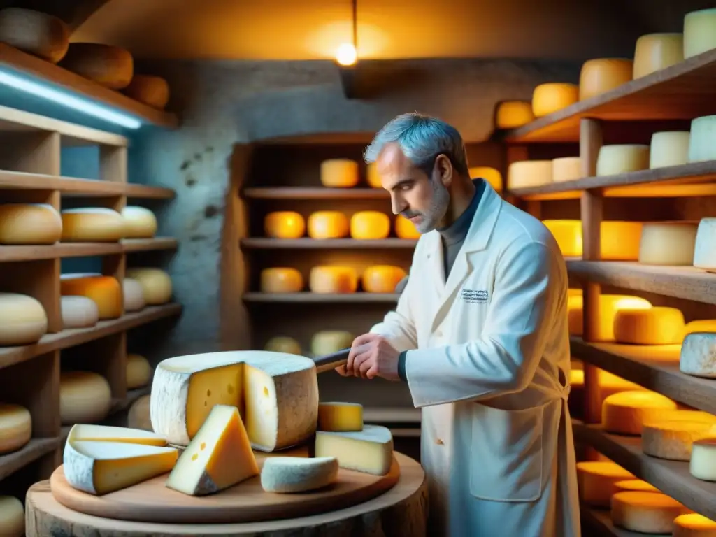 Un refugio de queso francés: cueva tradicional con quesos madurando en estantes de madera, iluminada por luz dorada