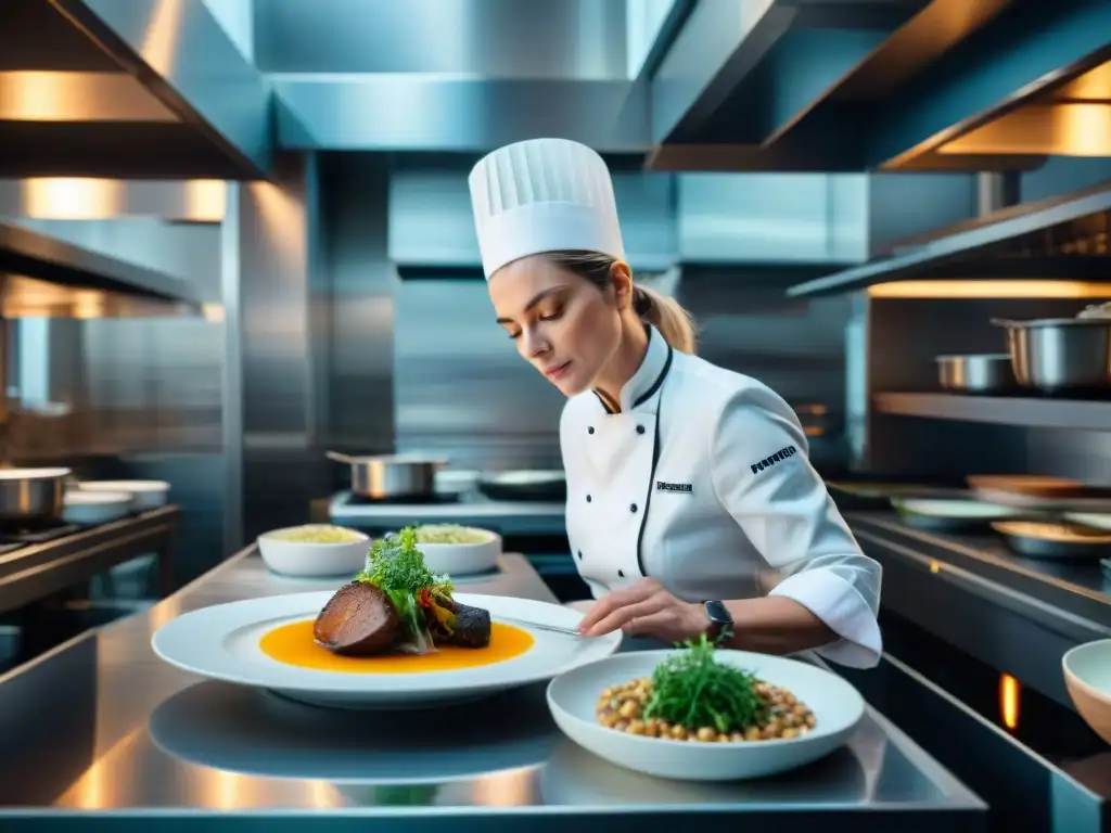 La renombrada chef francesa Hélène Darroze, concentrada en su cocina, creando una obra maestra gastronómica