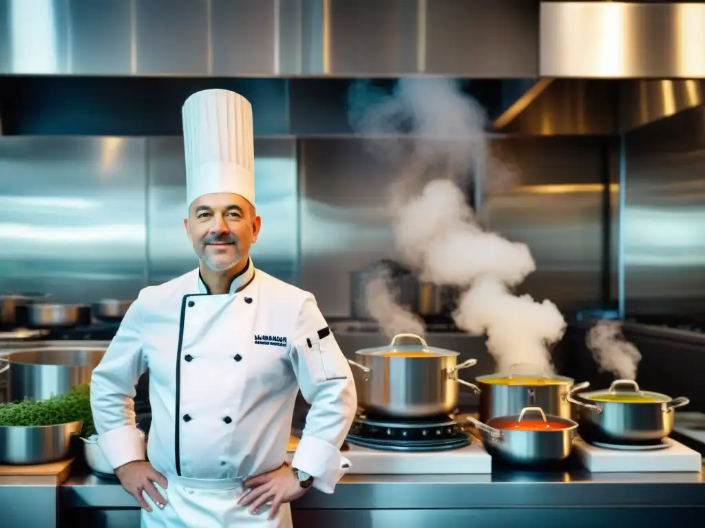 El renombrado chef Bernard Loiseau en su cocina francesa, rodeado de ingredientes y un equipo trabajando