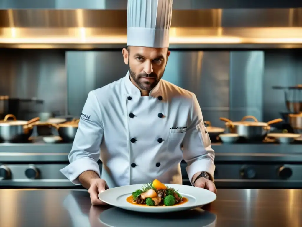 Un renombrado chef francés innova en la cocina con precisión, rodeado de un equipo en armonía