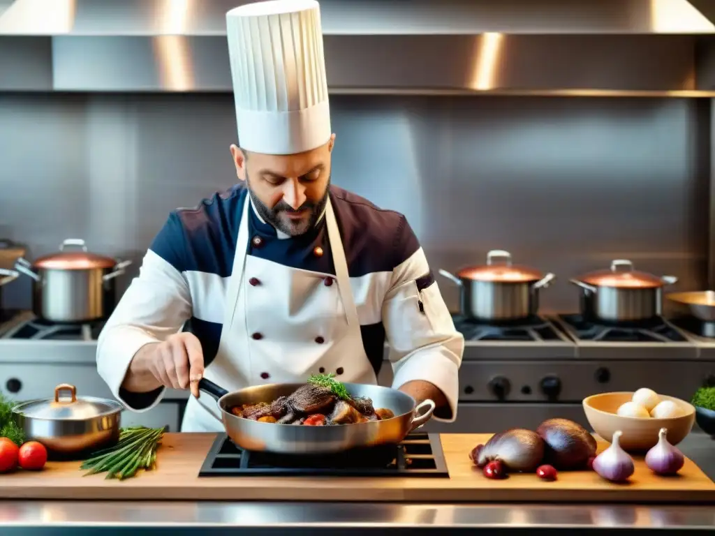 Un renombrado chef francés prepara Coq au Vin, reflejando maestría culinaria