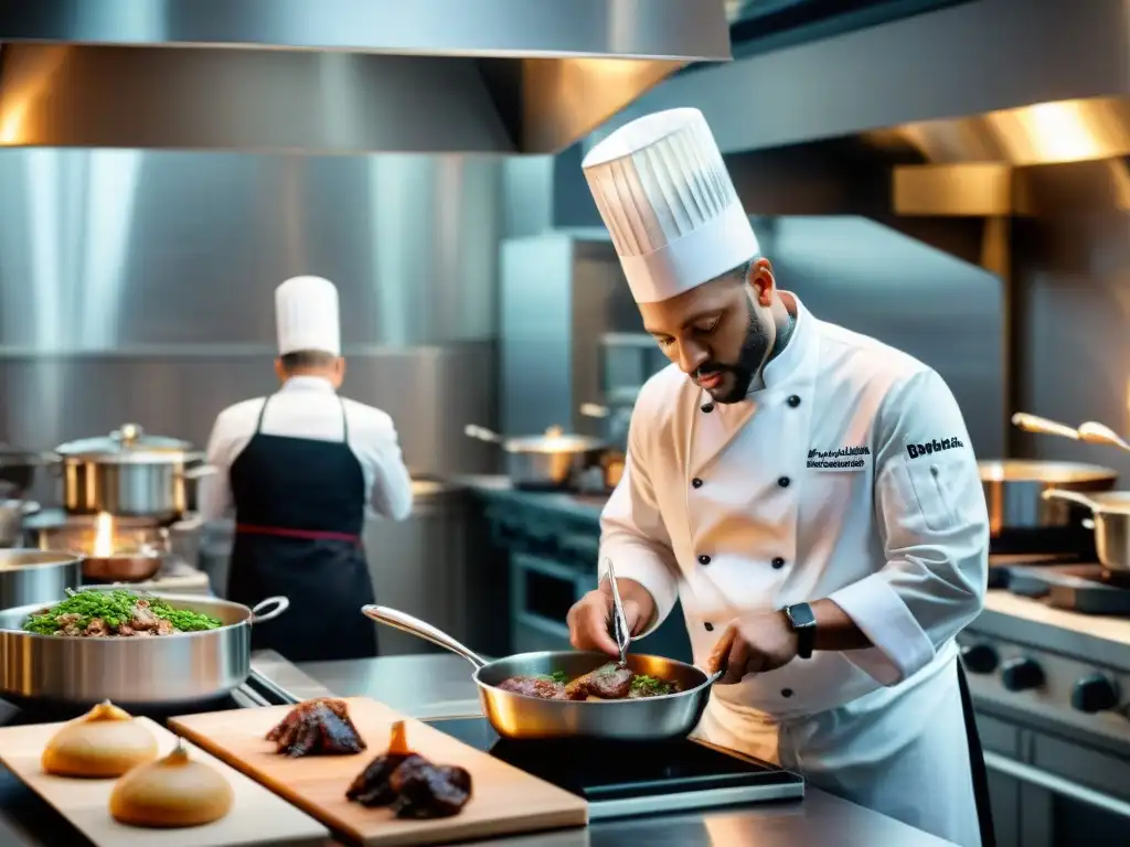 Un renombrado chef francés enseña a alumnos en un estudio de cocina moderno, creando un plato clásico