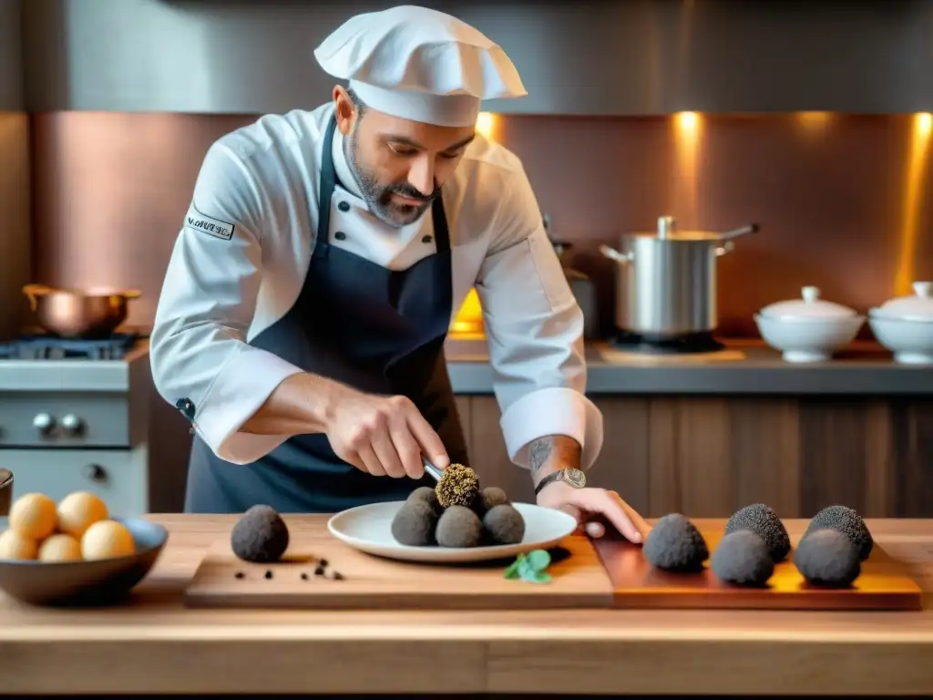 Un renombrado chef francés experto en trufas, delicadamente rallando trufas negras sobre un exquisito plato en una elegante cocina francesa