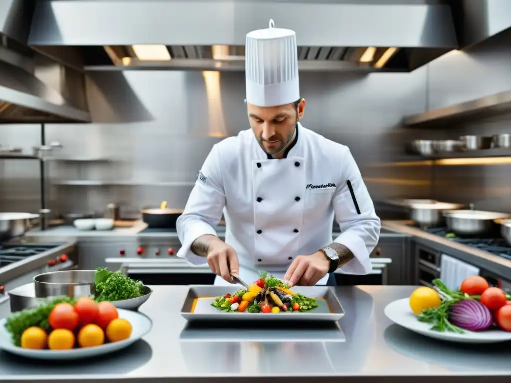 Un renombrado chef francés creando una obra de arte culinaria con ingredientes frescos y coloridos en una cocina moderna