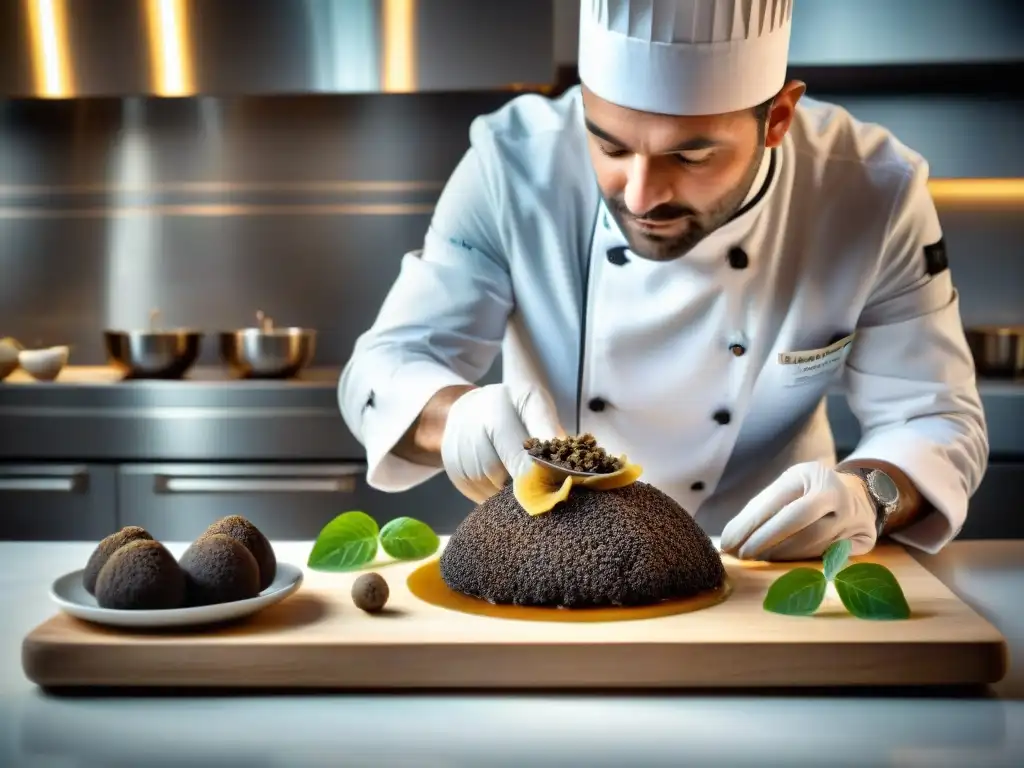 Un renombrado chef francés afeitando trufas sobre un exquisito plato en cocina de alta gama