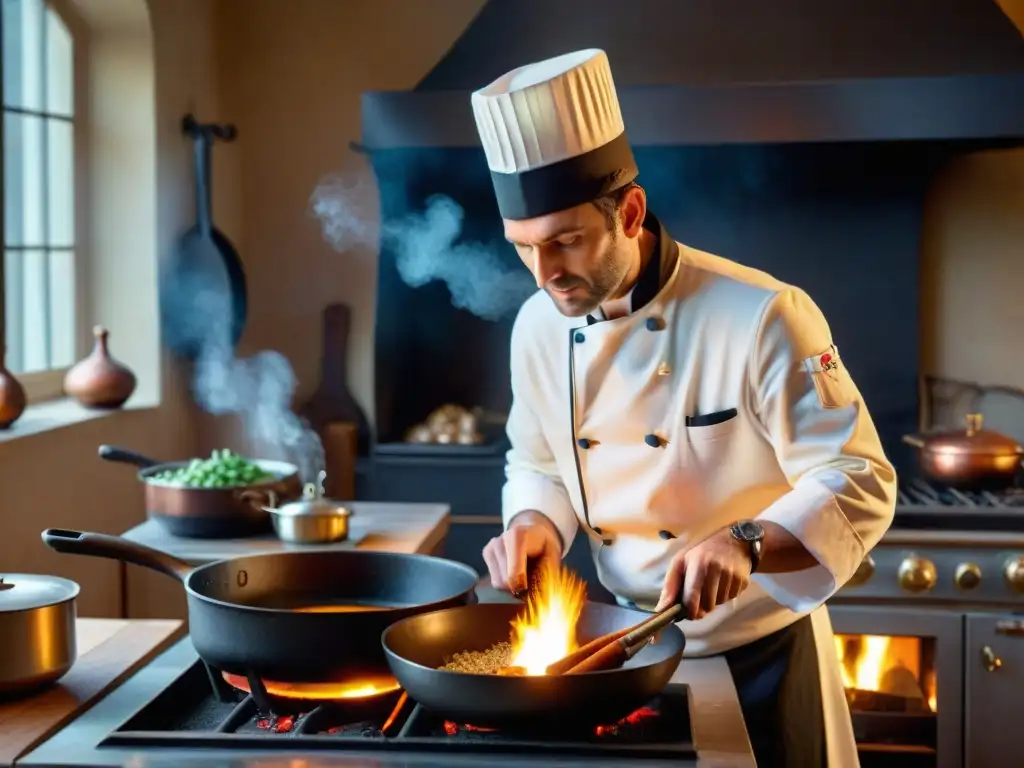 Un renombrado chef francés sazona una sartén de hierro fundido en una cocina tradicional