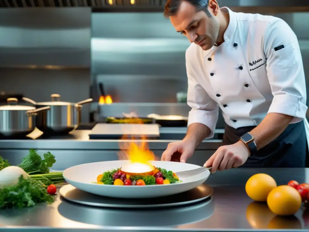 Un renombrado chef francés crea una innovadora y delicada obra culinaria en una cocina moderna