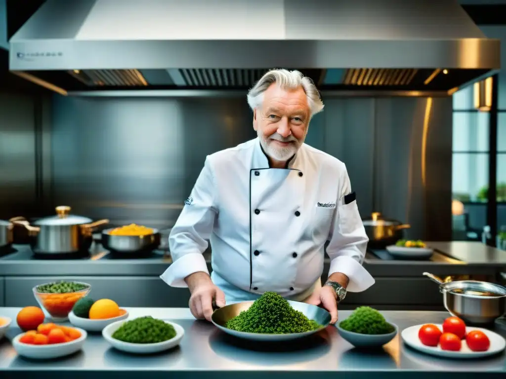 El renombrado chef francés Pierre Gagnaire preparando una obra culinaria en su cocina moderna francesa innovadora