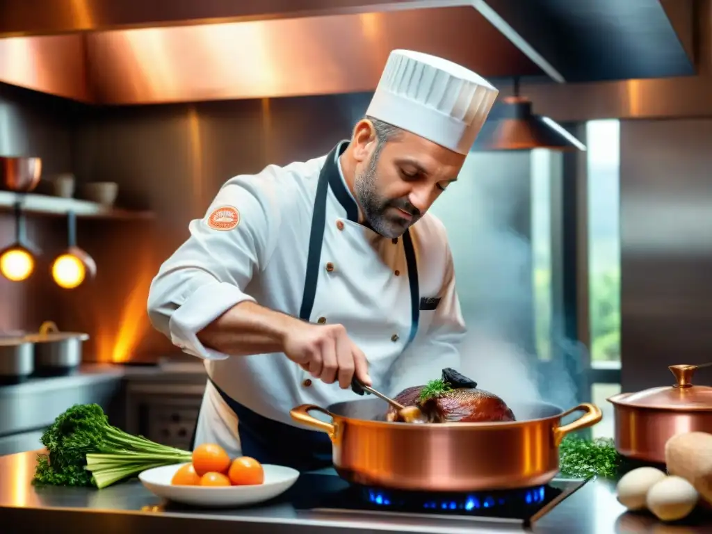 El renombrado chef francés Bernard Loiseau crea con pasión un clásico Coq au Vin, destacando el legado gastronómico francés