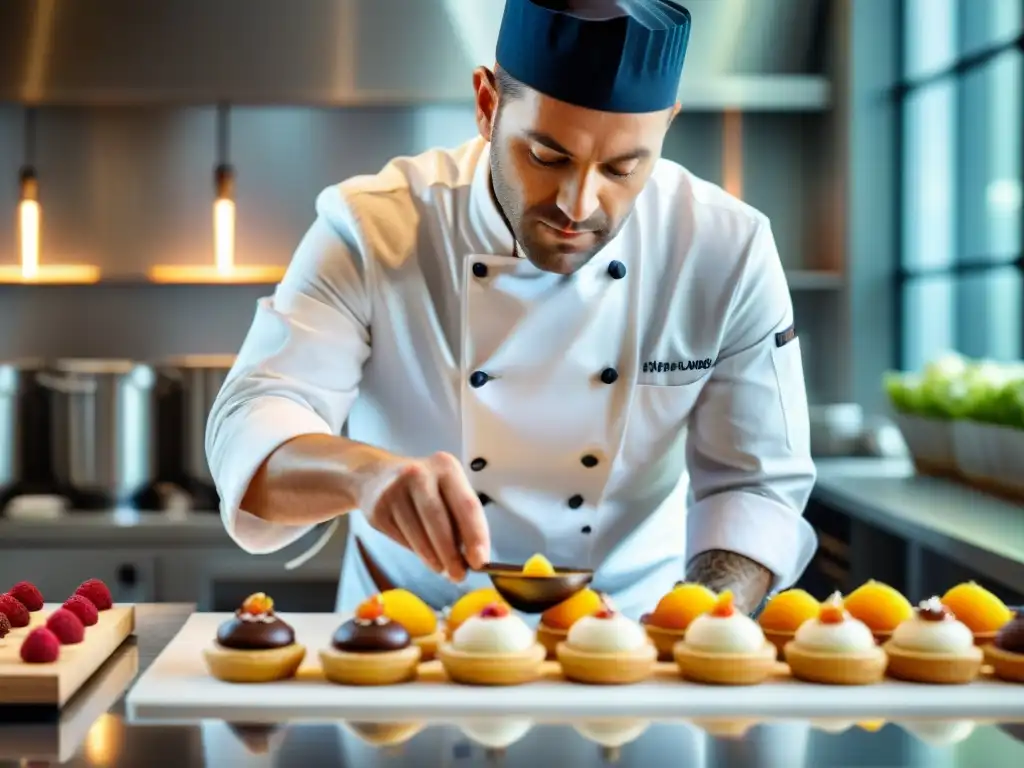 Un renombrado chef pastelero francés creando un postre icónico francés innovador en una cocina moderna y elegante