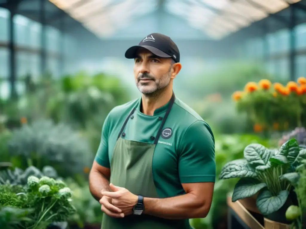 Renombrado chef francés Marc Veyrat en jardín botánico, inspeccionando planta única