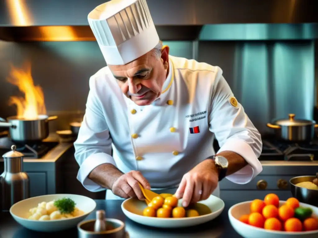 El renombrado chef francés Paul Bocuse prepara un plato clásico en una cocina moderna, fusionando tradición y vanguardia