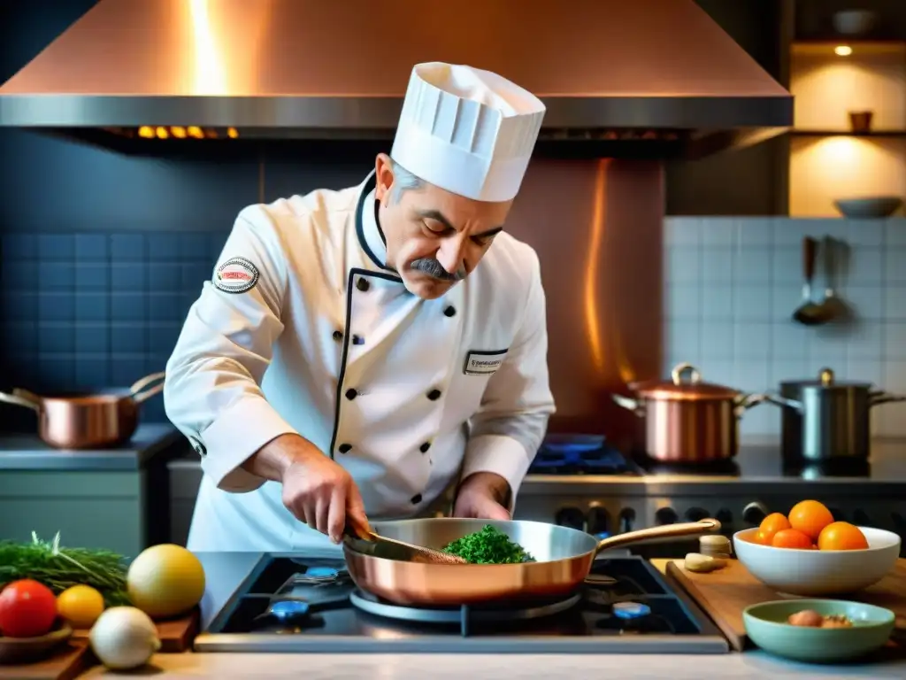 El renombrado chef Auguste Escoffier prepara meticulosamente un plato clásico francés en una cocina tradicional