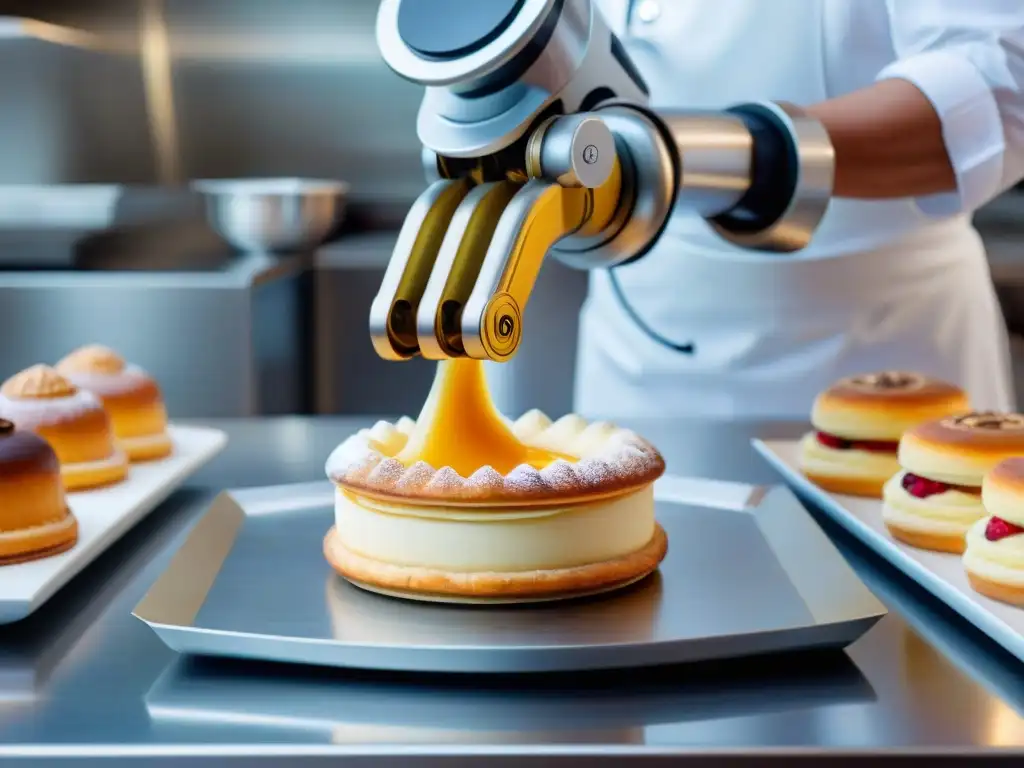 Innovación en repostería francesa: brazo robótico de IA decorando un pastel francés