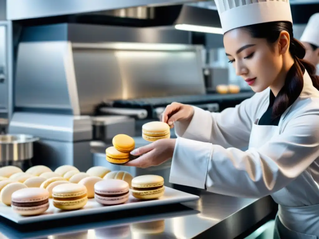 Innovación en repostería francesa: brazo robótico decorando macarons en laboratorio futurista