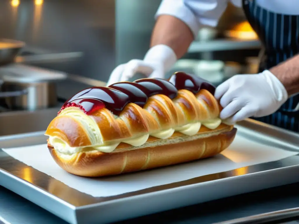 Un repostero experto crea diseños innovadores con crema de frambuesa en un éclair