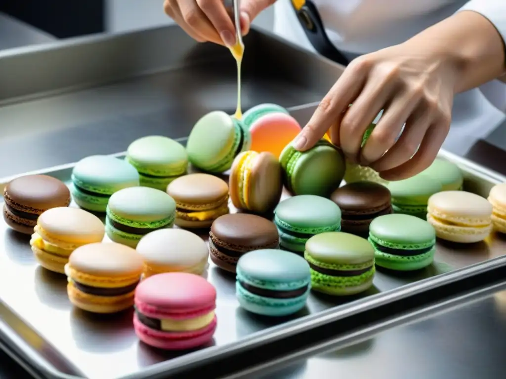 Un repostero experto elabora macarons con precisión, mostrando el arte de la confitería francesa