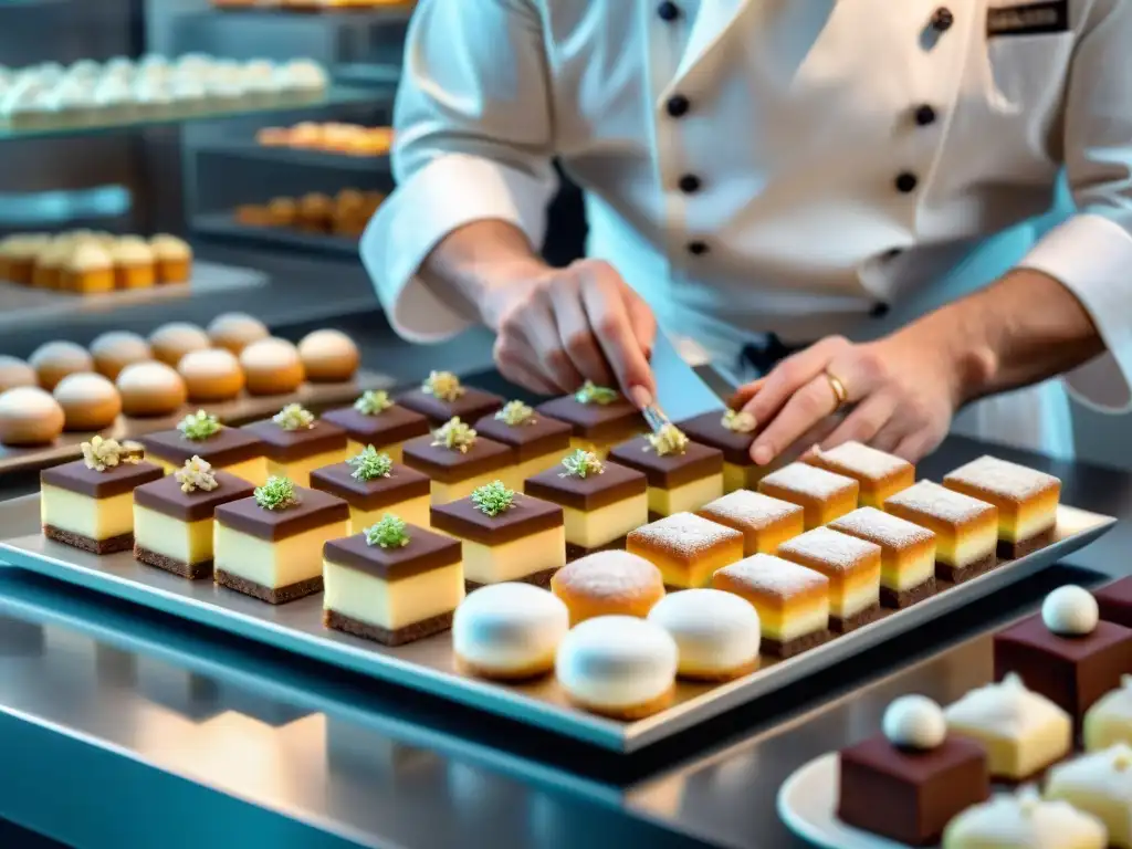 Un repostero experto prepara con meticulosidad deliciosos Petit Fours Alsacianos en una cocina profesional